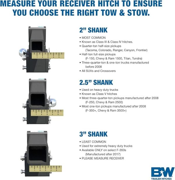 B&W Trailer Hitches Tow & Stow Adjustable Trailer Hitch Ball Mount - Fits 2.5" Receiver, Tri-Ball (1-7/8" x 2" x 2-5/16"), 5" Drop, 18,000 GTW - TS20048B - Image 3
