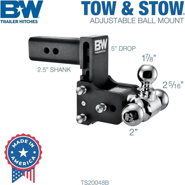 B&W Trailer Hitches Tow & Stow Adjustable Trailer Hitch Ball Mount - Fits 2.5" Receiver, Tri-Ball (1-7/8" x 2" x 2-5/16"), 5" Drop, 18,000 GTW - TS20048B - Image 7